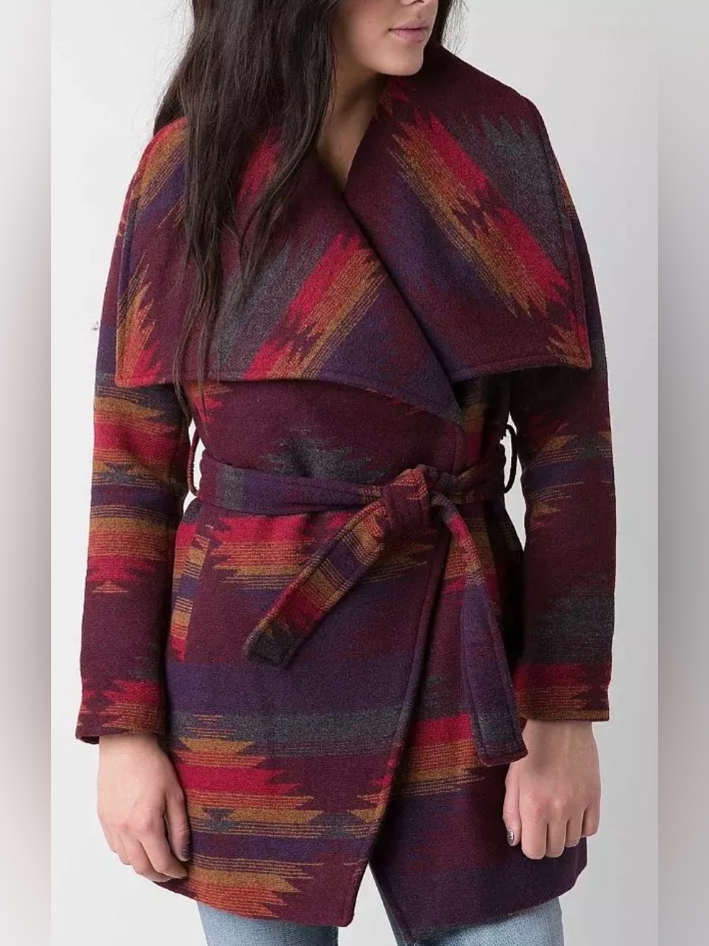 Steve Madden Coat Sz:M Aztec Southwestern Wrap Belted Shawl Collar Jacket.